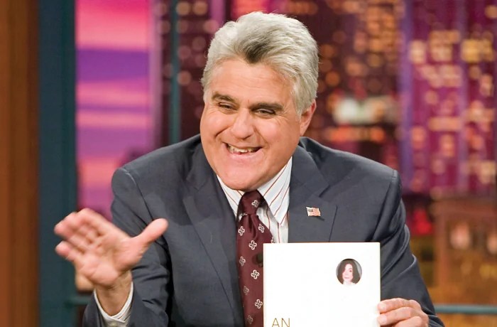 Host Jay Leno jokes about singer Michael Jackson, Feb. 4, 2012. (Paul Drinkwater/NBCU Photo Bank/NBCUniversal/Getty)