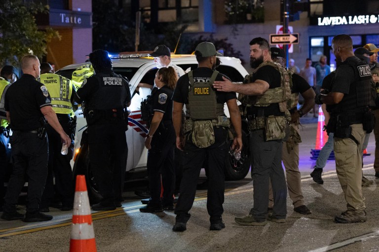Federal law enforcement officers at a checkpoint on 14th St. in Washington, D.C. President Donald Trump announced a federal takeover of D.C. Metro police and the mobilization of the National Guard and other federal law enforcement, saying the move is necessary to restore order in the city. Wednesday, Aug. 13, 2025.