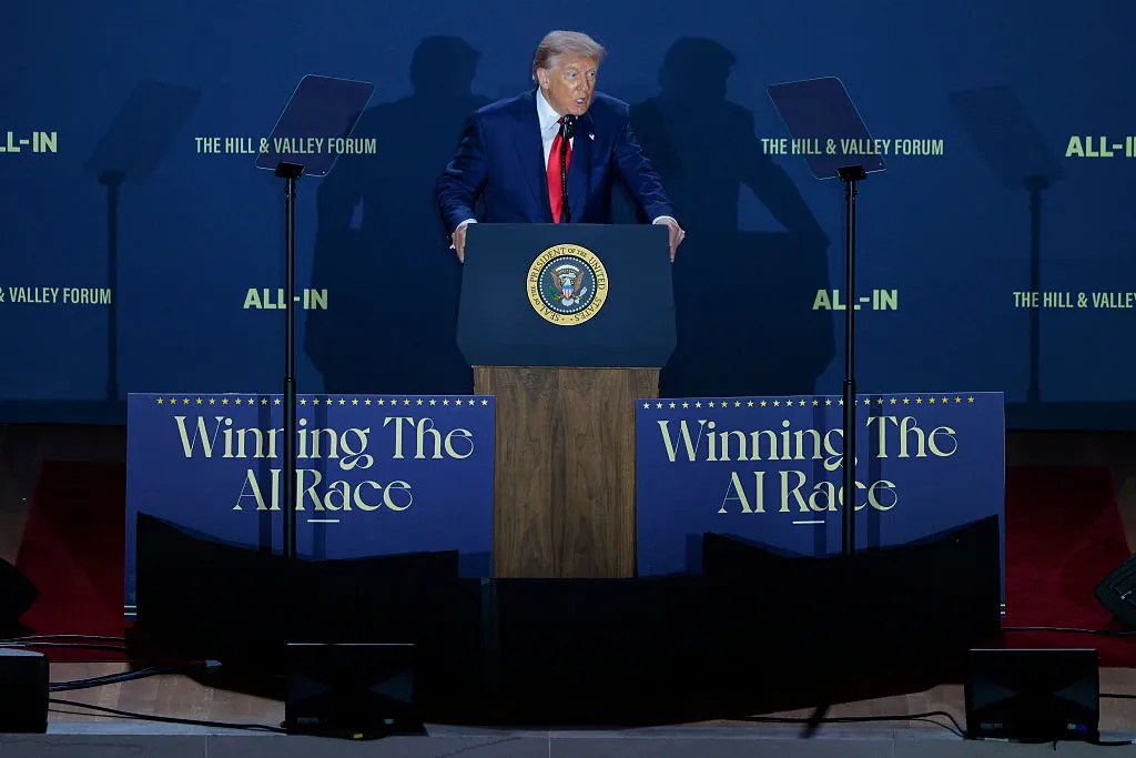 President Donald Trump speaks during the "Winning the AI Race" summit hosted by All‑In Podcast and Hill & Valley Forum at the Andrew W. Mellon Auditorium on July 23, 2025 in Washington, DC. Trump signed executive orders related to his Artificial Intelligence Action Plan during the event. (Photo by Chip Somodevilla/Getty Images)