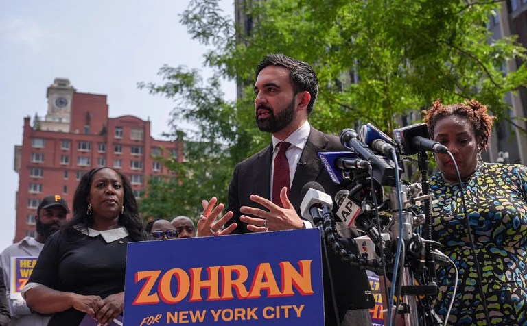 New York City mayoral candidate of Democratic Party, Zohran Mamdani, speaks during a press conference outside the Jacob K. Javits Federal Building, Downtown Manhattan on August 7, 2025. (Selcuk Acar/Anadolu via Getty Images)
