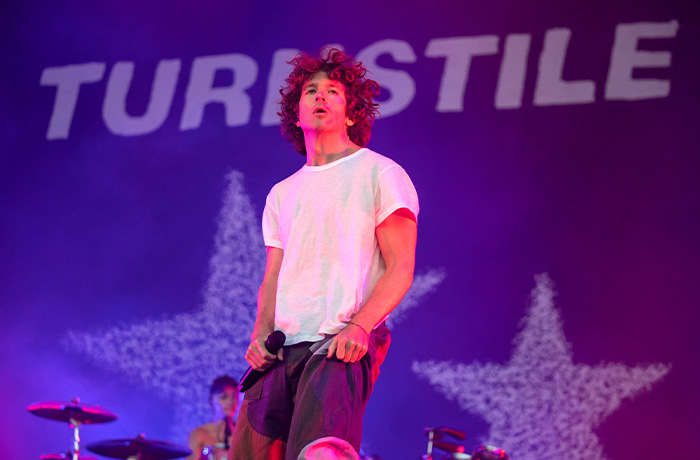Brendan Yates of the band Turnstile performs on day one of Riot Fest on Friday, Sept. 15, 2023, at Douglass Park in Chicago. (Photo by Rob Grabowski/Invision/AP)