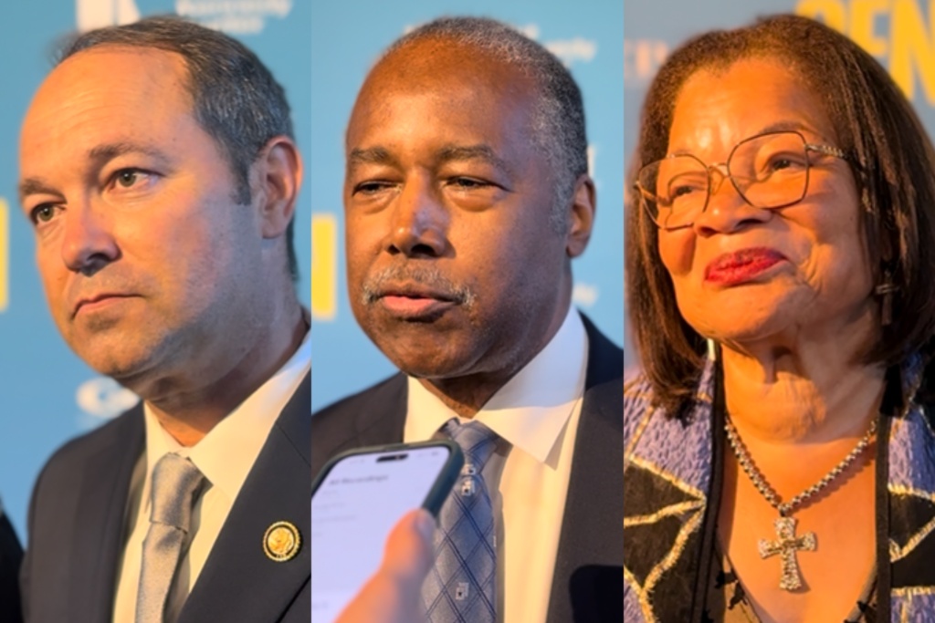 Rep. Marlin Stutzman (R-IN), left, former Secretary of Housing and Urban Development Ben Carson, center, and Dr. Alveda King, right, attend the red carpet premiere of Christian Broadcast Network's "The Revival Generation" at the Kennedy Center in Washington, D.C.