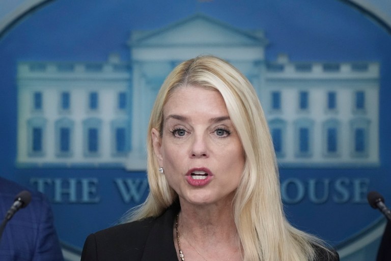 Attorney General Pam Bondi, speaks during a news conference with President Donald Trump in the James Brady Press Briefing Room at the White House, Monday, Aug. 11, 2025, in Washington.