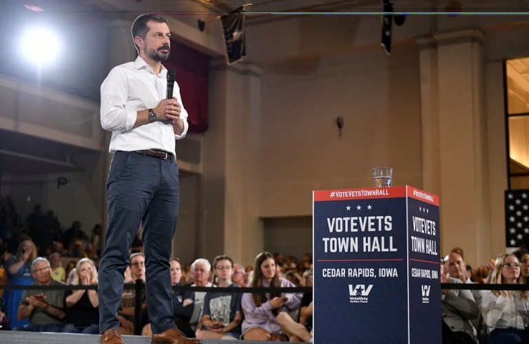 Former Secretary of Transportation Pete Buttigieg listens to a question from the audience during a VoteVets Town Hall, Tuesday, May 13, 2025, in Cedar Rapids, Iowa.