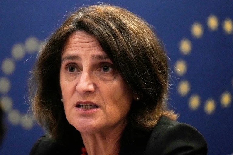 European Commission Executive Vice President for a Clean, Just and Competitive Transition, Teresa Ribera speaks during a press conference on her two-day official visit to China, in Beijing, Monday, July 14, 2025.