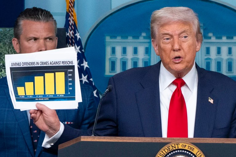 President Donald Trump holds up a chart in front of Defense Secretary Pete Hegseth as he speaks with reporters in the James Brady Press Briefing Room at the White House, Monday, Aug. 11, 2025, in Washington.