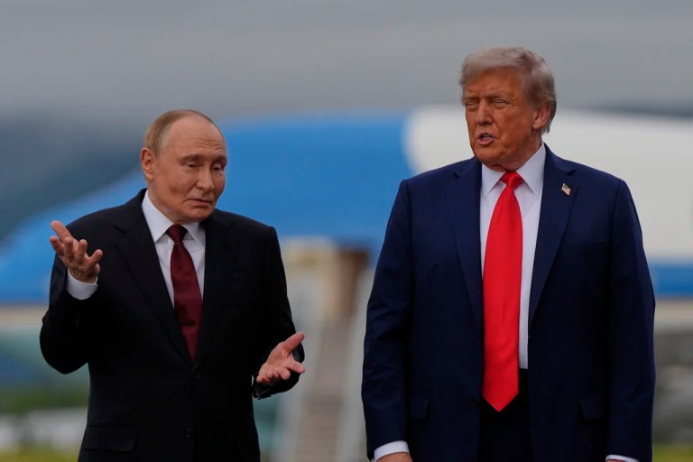 President Donald Trump talks with Russia's President Vladimir Putin Friday, Aug. 15, 2025, at Joint Base Elmendorf-Richardson, Alaska. (AP Photo/Julia Demaree Nikhinson)