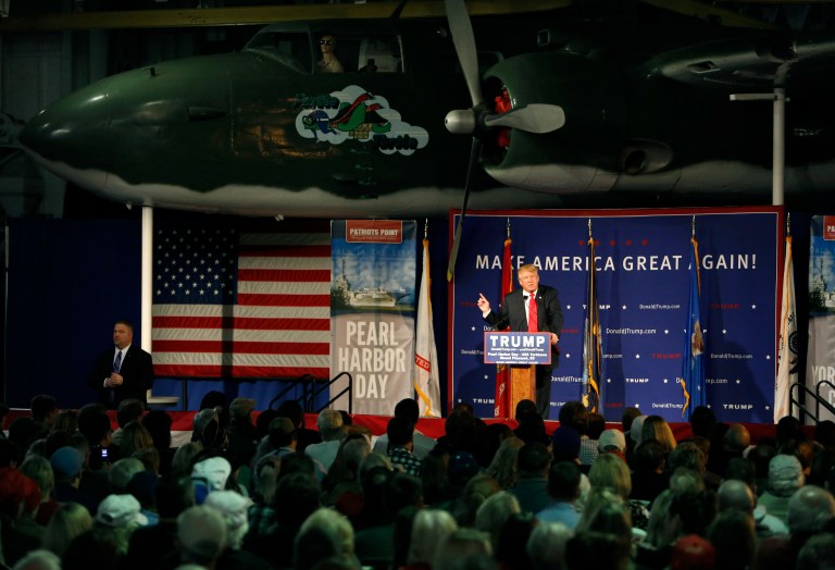 Republican presidential candidate Donald Trump speaks during a rally coinciding with Pearl Harbor Day at Patriots Point aboard the aircraft carrier USS Yorktown in Mt. Pleasant, South Carolina, Monday, Dec. 7, 2015.