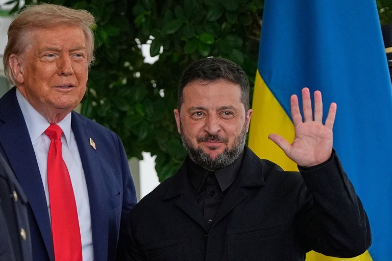 President Donald Trump greets Ukrainian President Volodymyr Zelensky at the White House, Monday, Aug. 18, 2025, in Washington.