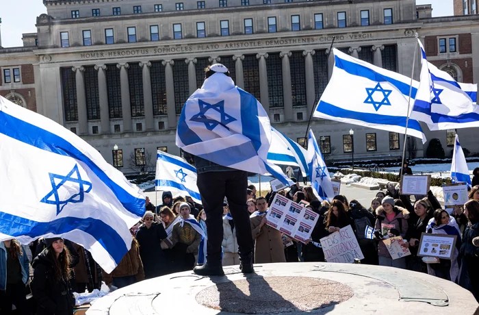 Students demand greater protection from antisemitism on campus at Columbia University on Feb. 14, 2024. (Andrew Lichtenstein/Corbis via Getty Images)