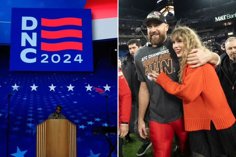 The DNC 2024 logo next to Taylor Swift and Travis Kelce.