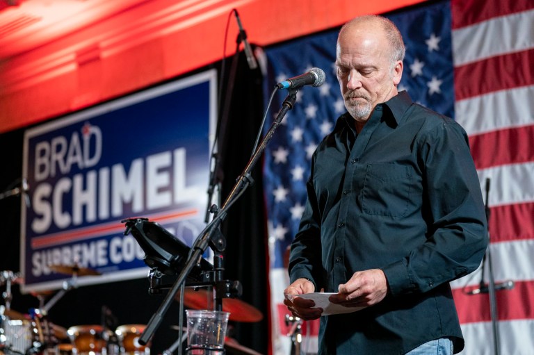 Wisconsin Supreme Court candidate Brad Schimel makes his concession speech to a crowd at his election night party Tuesday, April 1, 2025, in Pewaukee, Wis.