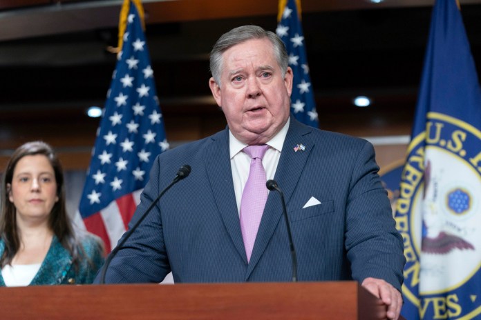 Rep. Ken Calvert (R-CA), chairman of the House Appropriations Subcommittee on Defense, speaks during a news conference on Capitol Hill in Washington, D.C., Tuesday, Feb. 6, 2024.