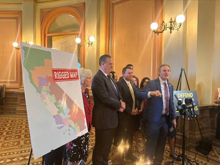 Assembly Republican leader James Gallagher speaks in opposition to Democrats' plan to advance a partisan effort to redraw California's congressional map at a press conference on Monday, Aug. 18, 2025, in Sacramento, California.