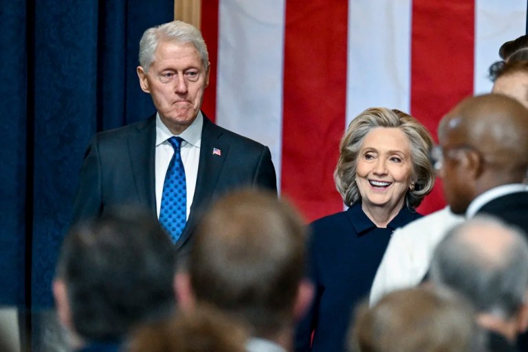 Former Secretary of State Hillary Clinton, right, and former President Bill Clinton arrive before the 60th Presidential Inauguration in the Rotunda of the U.S. Capitol in Washington, Monday, Jan. 20, 2025.