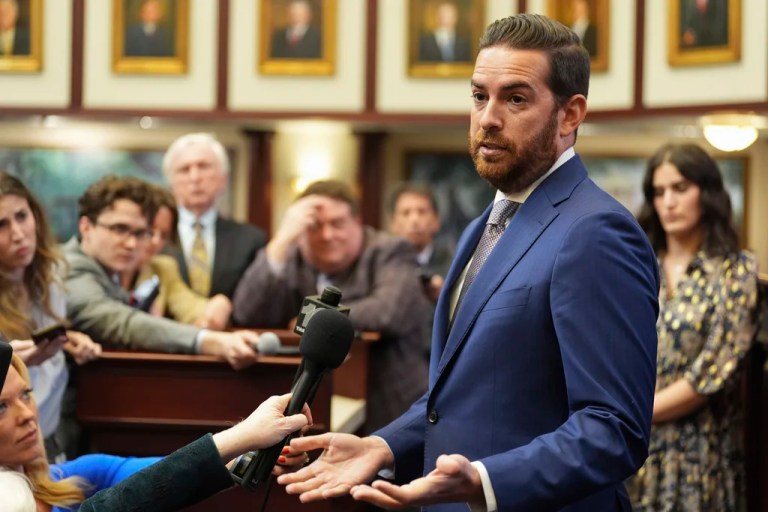 Florida House Speaker Daniel Perez (R) arrives for a press conference in the House chamber, on the opening day of the 2025 legislative session at the state capitol in Tallahassee, Florida., Tuesday, March 4, 2025.