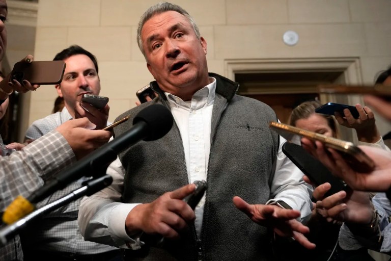 Rep. Don Bacon, R-Neb., speaks to reporters as Republicans meet to decide who to nominate to be the new House speaker, on Capitol Hill in Washington, Monday, Oct. 23, 2023.