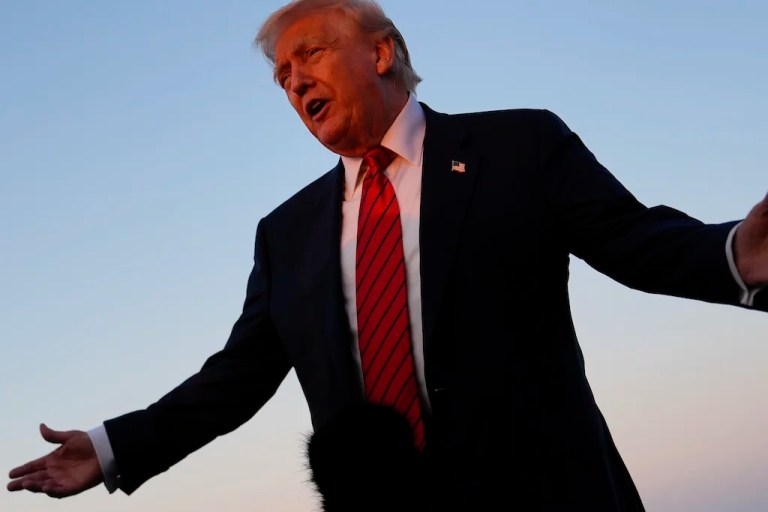 President Donald Trump speaks with reporters before boarding Air Force One at Lehigh Valley International Airport, Sunday, Aug. 3, 2025, in Allentown, Pa. (AP Photo/Julia Demaree Nikhinson)