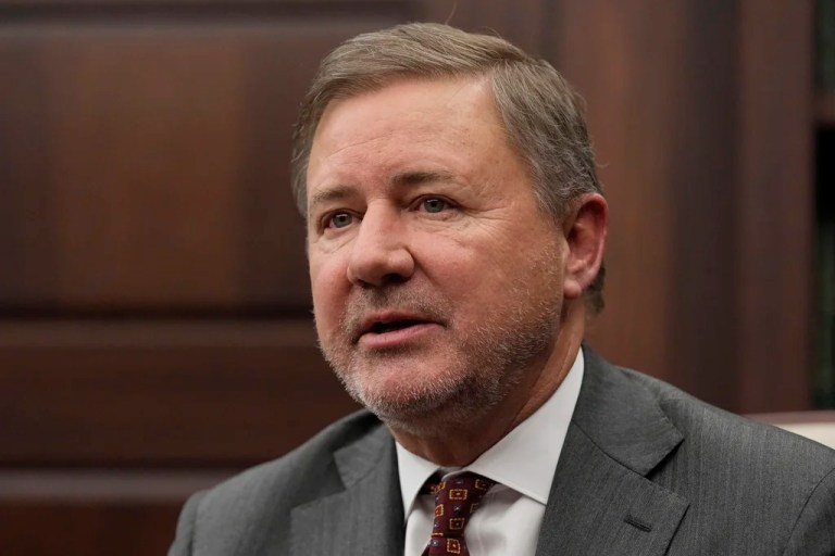 Oklahoma Attorney General Gentner Drummond speaks during an interview, Feb. 1, 2023, in Oklahoma City.