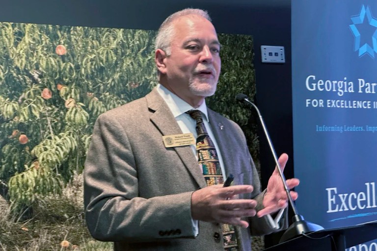 Georgia state Superintendent of Schools Richard Woods speaks to reporters at a meeting sponsored by the Georgia Partnership for Excellence in Education on Friday, Jan. 5, 2024 in Atlanta.