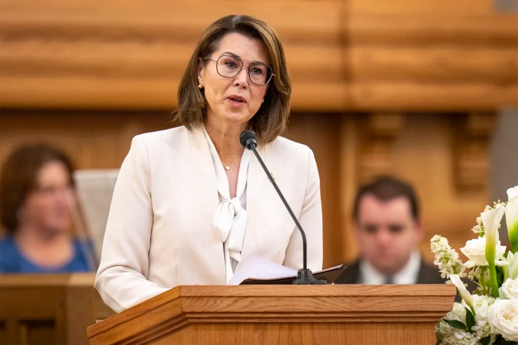 Utah Lt. Gov. Deidre Henderson speaks at funeral services for former U.S. Rep. Mia Love at the University of Utah Institute of Religion in Salt Lake City on Monday, April 7, 2025, Salt Lake City, Utah.