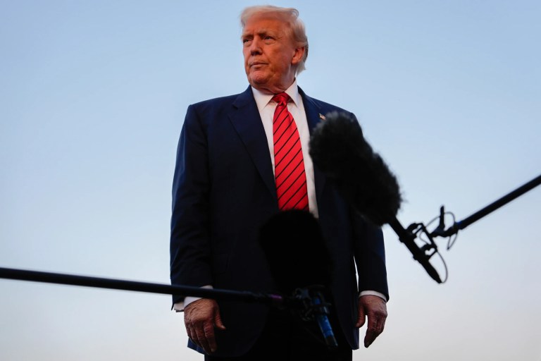 President Donald Trump speaks with reporters before boarding Air Force One at Lehigh Valley International Airport, Sunday, Aug. 3, 2025, in Allentown, Pennsylvania.