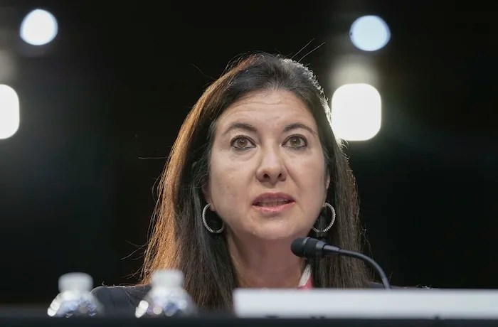 FILE - Adriana Kugler of Maryland, speaks during the Senate Banking, Housing, and Urban Affairs Committee hearing to examine her nomination to be a member of the Board of Governors of the Federal Reserve System,