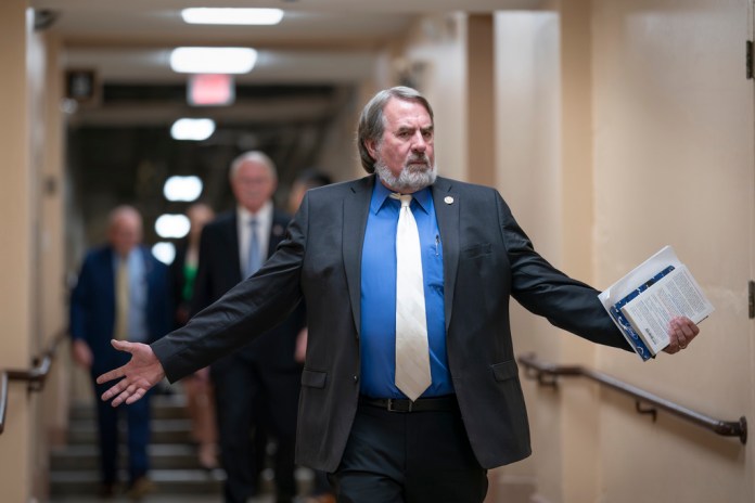Rep. Doug LaMalfa (R-CA), a member of the House Agriculture Committee, arrives for a closed-door meeting with House Speaker Kevin McCarthy (R-CA) and fellow Republicans at the Capitol in Washington, D.C., Tuesday, June 13, 2023.