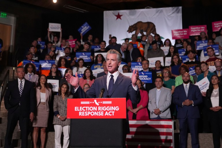California Gov. Gavin Newsom (D) speaks during a news conference Thursday, Aug. 14, 2025, in Los Angeles.