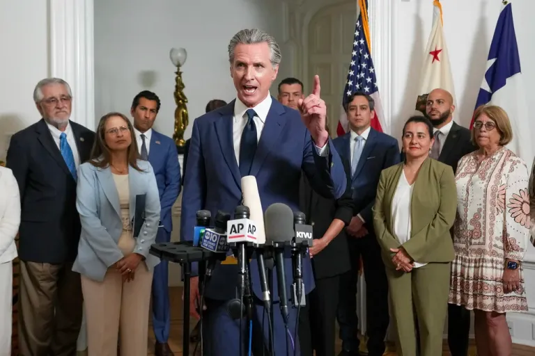 Accompanied by California and Texas lawmakers, California Gov. Gavin Newsom, center, discusses the push to schedule a special election to redraw California's Congressional voting districts, during a news conference in Sacramento, Calif., Friday Aug. 8, 2025. (AP Photo/Rich Pedroncelli)