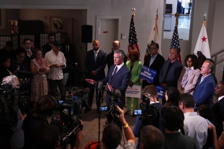 Gov. Gavin Newsom (D-CA) speaks during a news conference, Thursday, Aug. 14, 2025, in Los Angeles.