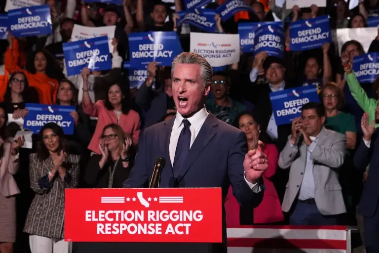 California Gov. Gavin Newsom (D) speaks during a news conference Thursday, Aug. 14, 2025, in Los Angeles.