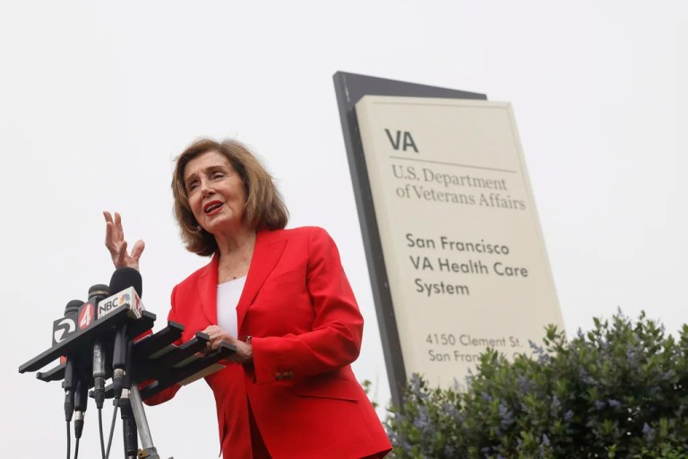 Rep. Nancy Pelosi (D-CA) speaks on the corner of Clement Street and 42nd Avenue after touring the San Francisco VA Medical Center and meeting VA officials to mark House Democrats' Honor Our Veterans Day of Action on Thursday, Aug. 7, 2025.