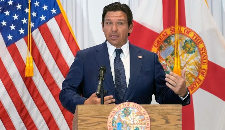 Florida Gov. Ron DeSantis (R) gestures during a news conference Tuesday, Aug. 12, 2025, in Tampa, Florida.