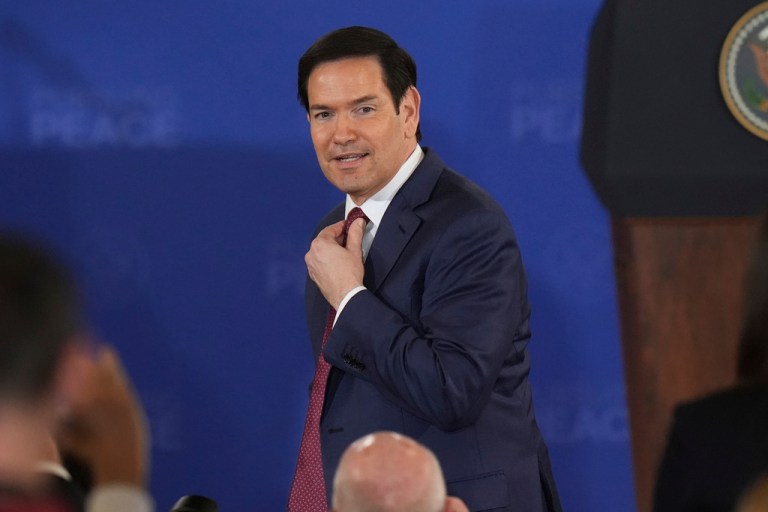 Secretary of State Marco Rubio arrives for a joint press conference with President Donald Trump and Russian President Vladimir Putin at Joint Base Elmendorf-Richardson, Alaska, Friday, Aug. 15, 2025.