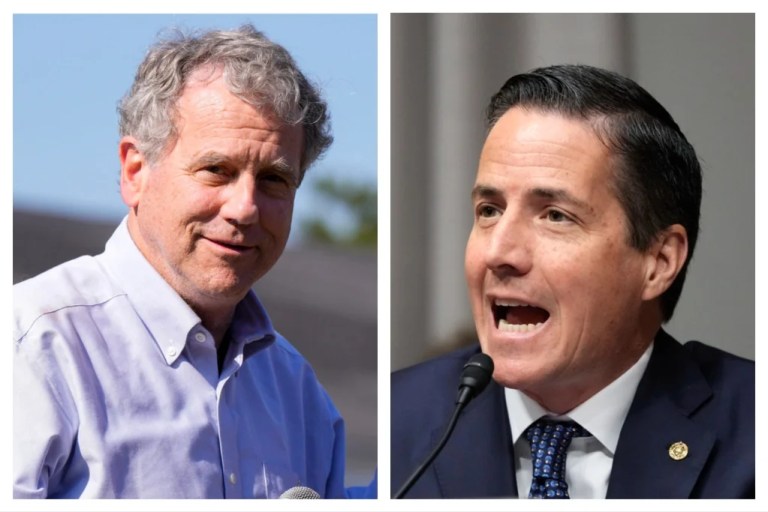 Former Sen. Sherrod Brown (D-OH), left, speaks at a campaign rally, Oct. 5, 2024, in Cincinnati, and Sen. Bernie Moreno (R-OH) speaks at a Senate Homeland Security and Governmental Affairs Committee hearing at the Capitol in Washington, Friday, Jan. 17, 2025.