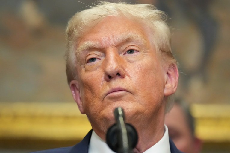 President Donald Trump listens during an event to sign an executive order restarting the Presidential Fitness Test in public schools, Thursday, July 31, 2025, in the Roosevelt Room of the White House in Washington.