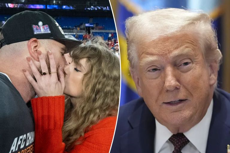 Donald Trump, right, and Travis Kelce with Taylor Swift.