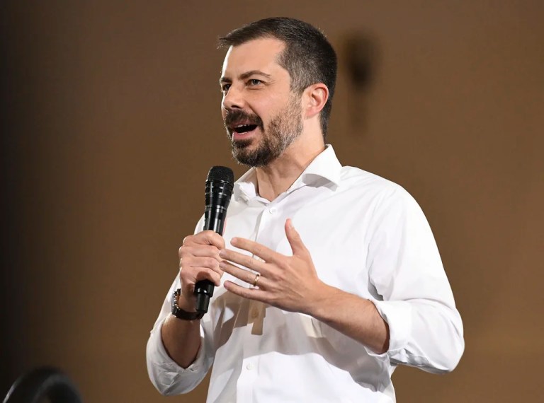 Former Secretary of Transportation Pete Buttigieg speaks during a VoteVets Town Hall, May 13, 2025, in Cedar Rapids, Iowa.