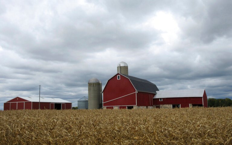 This Sept. 27, 2016 photo shows silos on farmland in Wisconsin in the Kettle Moraine region. The Kettle Moraine is a geological formation created thousands of years ago by the movement of glaciers. Today visitors can follow the Kettle Moraine Scenic Drive through rural farming areas and rustic woodlands, and hike a variety of trails to experience landscapes that range from prairie to wetlands to forests. (AP Photo/Beth J. Harpaz)