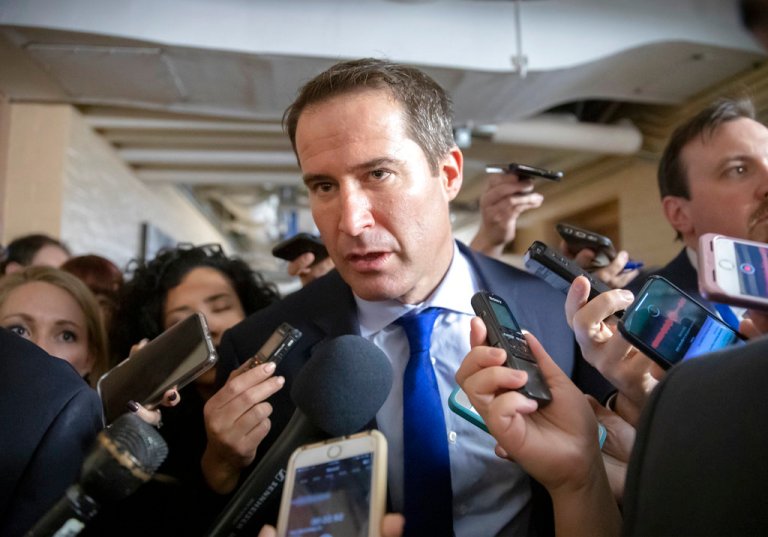 Rep. Seth Moulton D-Mass., is questioned by reporters about his opposition to House Minority Leader Nancy Pelosi, D-Calif., becoming the speaker of the House when the Democrats take the majority in the 116th Congress, in the basement of the Capitol in Washington, Thursday, Nov. 15, 2018. A group of 17 Democrats led by Moulton, Rep. Kathleen Rice, D-N.Y., and others, have pledged to vote against Pelosi's return as the first female speaker of the House. (AP Photo/J. Scott Applewhite)