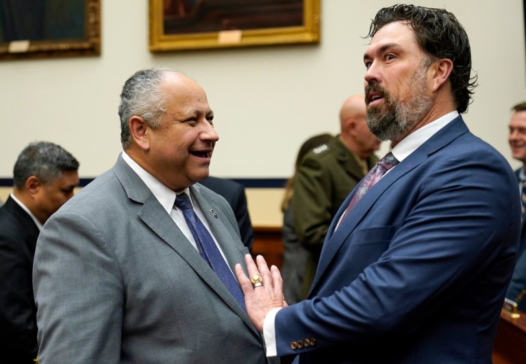 Secretary of the Navy Carlos Del Torro talks with Rep. Morgan Luttrell (R-TX).