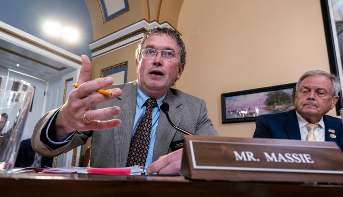 Rep. Thomas Massie, R-Ky., speaks as the House Rules Committee meets to prepare the 2023 debt limit bill for a vote on the floor, at the Capitol in Washington, Tuesday, May 30, 2023. 