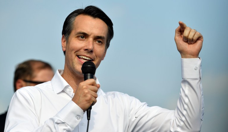 U.S. Representative Morgan McGarvey (D-KY) speaks to members of United Auto Workers Local 862 during a practice picket rally in Louisville, Ky., Thursday, Aug. 24, 2023.