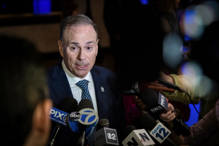 Jay Jacobs, chairman of the New York State Democratic Party, speaks to reporters.