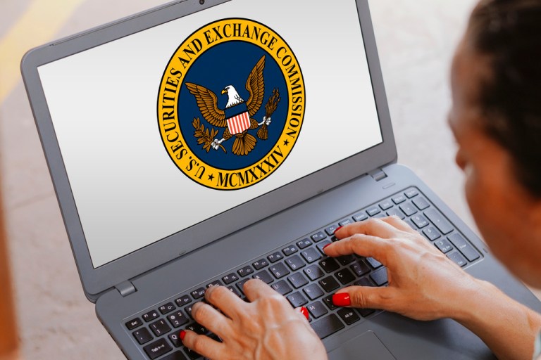 The U.S. Securities and Exchange Commission logo is seen displayed on a laptop screen.