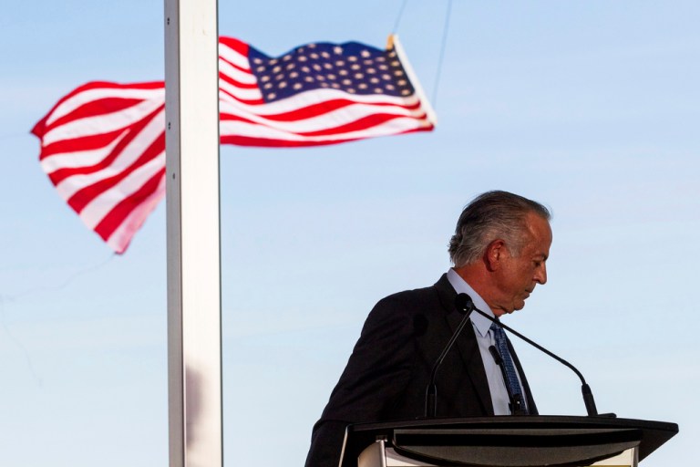 Nevada Governor Joe Lombardo leaves the stage at a groundbreaking for a high-speed passenger rail on Monday, April 22, 2024, in Las Vegas. A $12 billion high-speed passenger rail line between Las Vegas and the Los Angeles area has started construction.