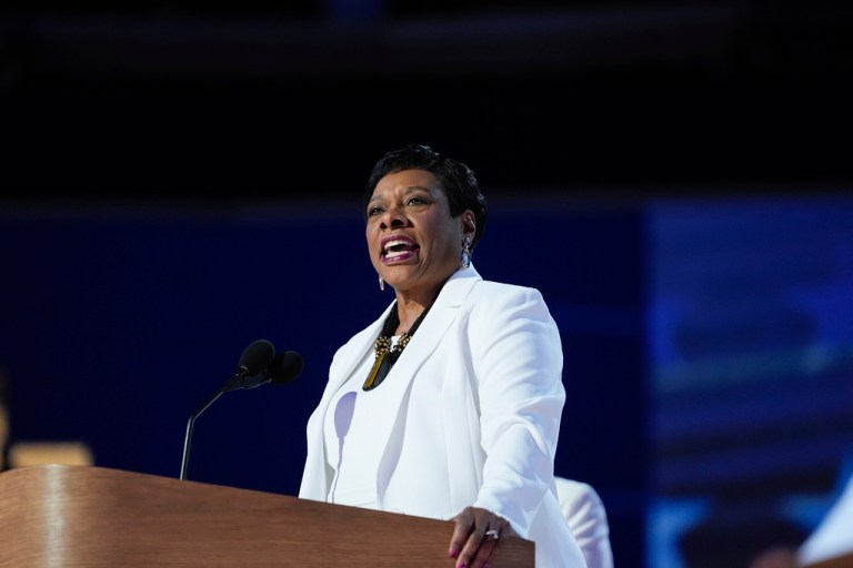 President of the National Education Association Becky Pringle speaks during the Democratic National Convention Thursday, Aug. 22, 2024, in Chicago.