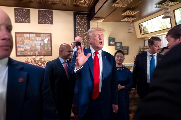 President Donald Trump at a restaurant in Falls Church, Virginia, during the 2024 election cycle.