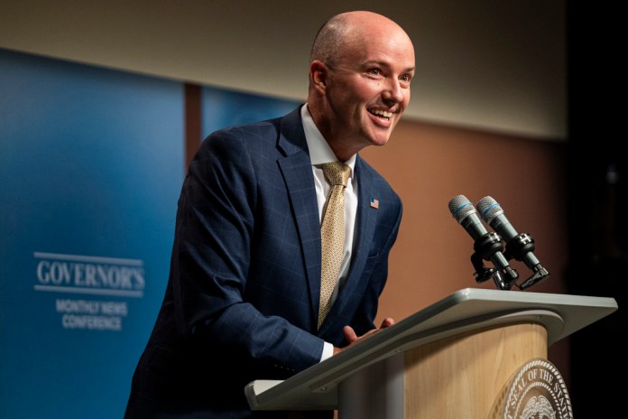 Gov. Spencer Cox (R-UT) speaks at his monthly news conference.